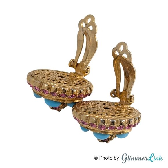 Vintage Pink Rhinestone Blue Cabochon Round Gold Tone Clip On Earrings - Picture 7 of 11